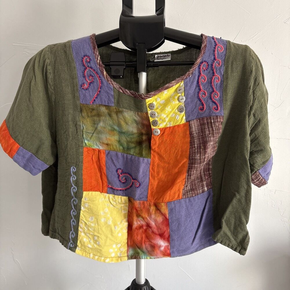Vintage Magic Linen Cotton Patchwork Crop Top Embroidered Beaded Boho Size Large